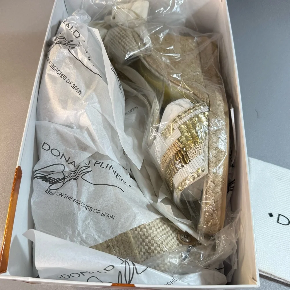 Donald J. Pliner New Elsa Cream and Gold Beaded Wedge Espadrille Sandles